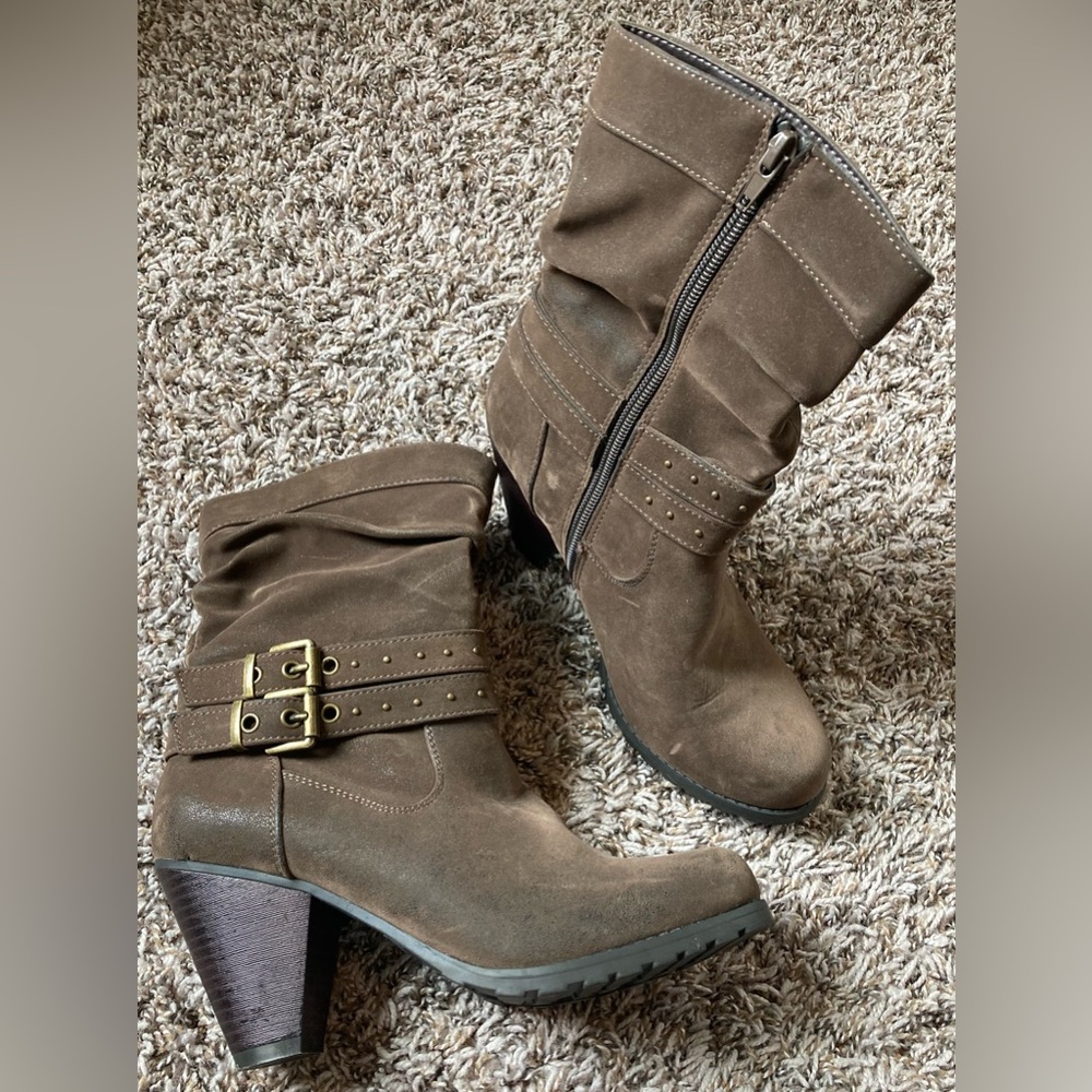 Levity Faux Suede Heeled Booties Saddle Riding Boots Zipper Closure